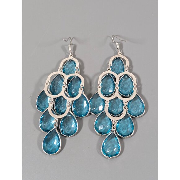 Teal Blue Teardrop Bezel Chandelier Long Dangle Earrings Boho Glam Statement - Picture 7 of 8
